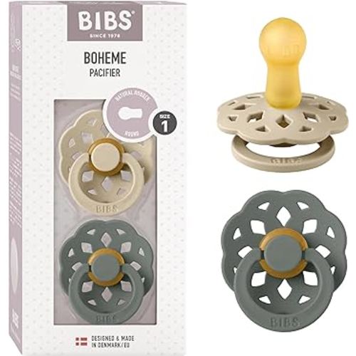 BIBS Pacifiers 0-6 Months | Boheme Collection 2-Pack | BPA-Free Round Nipple | Nautral Rubber Latex | Made in Denmark | Vanilla/Pine