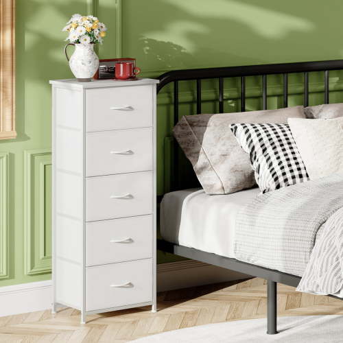Eunos Tall White Dresser, 5 Fabric Drawers, Vertical Storage