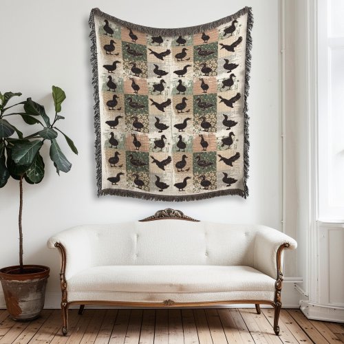 Duck Geese Neutral Woven Blanket, Cottagecore Farmhouse Decor, Floral Patchwork Throw, Duck Gifts, Easter Home Decor, Spring Gifts