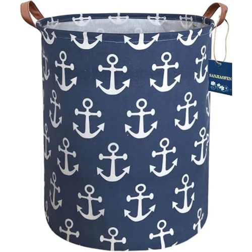 Kids Hamper,Collapsible Laundry Baskets,Waterproof Storage Baskets with Leather Handle,Nautical Decor,Toy Organizer (Navy Blue Anchor)