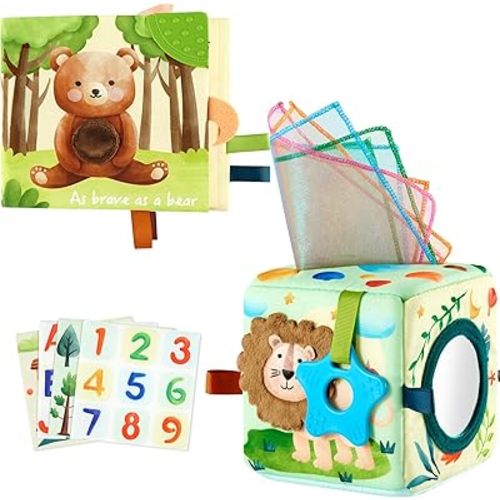 WERNNSAI Baby Montessori Toys - Tissue Box and Soft Baby Book Crinkle Sensory Cloth Toy for Babies 0-12 Months with Touch and Feel Pages for Newborns Infants Early Learning Gifts