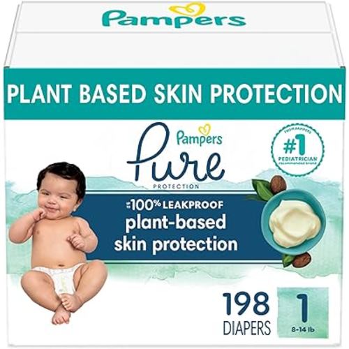 Pampers Pure Protection Diapers - Size 1, One Month Supply (198 Count), Hypoallergenic Premium Disposable Baby Diapers
