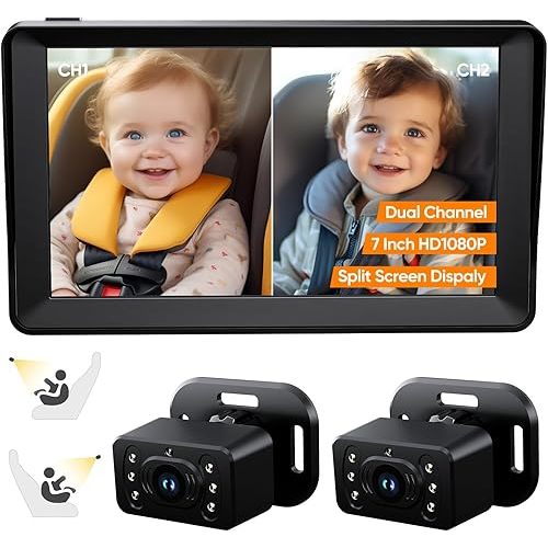 Baby Car Camera for 2Kids-7 Inch IPS Display with Dual Carseat Camera, Split Screen, Night Vision, HD 1080P,150° Wide View & 360° Rotatable- Easy Install Car Mirror Baby Rear Facing Backseat Camera
