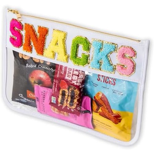 Fablinks Clear Snacks Bag, Chenille Varsity Letter Snack Pouch, Travel Zipper Bags for Mom, Aesthetic Storage Organizer Pouches for Women with Glitter Patch Letters (SNACKS-White)