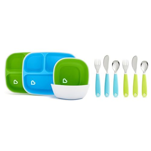 Munchkin Splash Toddler Dining Set - Includes Divided Plates, Bowls and Utensils, 10pc Set, Blue/Green - Blue/Green Plates/Bowls/Utensils