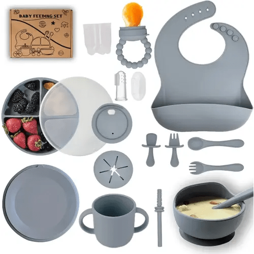 Silicone Baby Feeding Set -16 piece baby led weaning supplies with Suction plates for toddlers, bowls, Baby Utensils, Snack Cup, Sippy Cups, Toddler Utensils items Gray 6+ Months essentials must have