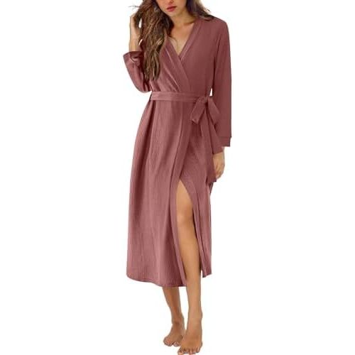 Ekouaer Waffle Robes for Women Long Knit Bathrobe Lightweight Kimono Spa Robe Soft Loungewear with Pockets S-XXL