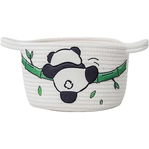 Cute Panda Cotton Rope Storage Basket – Round Toy Basket with Handles, Delicate and Durable Shelf Organizer for Toys, Clothes, Closet, 10.63 x 7.08 Inches, White