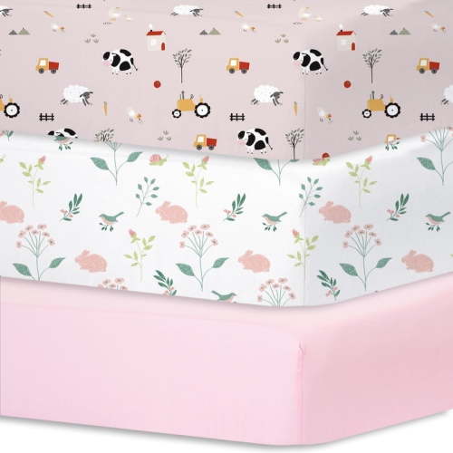 Little Grape Land Crib Sheets for Baby Girls 3 Pack, 28"x 52" Extra Soft Microfiber Crib Sheet Set for Standard Crib & Toddler Mattress Pad, Rustic Ranch-Pink & Spring & Pink