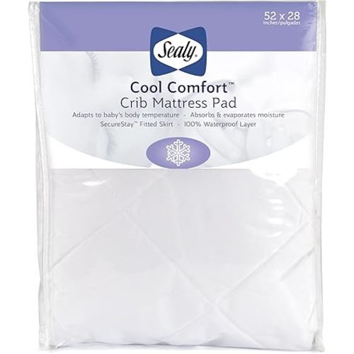 Sealy Baby Cool Comfort Fitted Waterproof Baby Crib Mattress Protector, Crib Mattress Topper, Crib Mattress Pad, Toddler Bed Mattress Protector, Machine Washable/Dryer Friendly, 52” x 28”- White