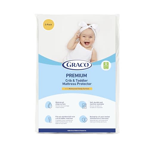 Graco Premium Waterproof Crib and Toddler Mattress Protector (2 Pack) – GREENGUARD Gold Certified, Machine-Washable & Dryer-Friendly, Waterproof Sleep Surface, Fits Crib & Mattress