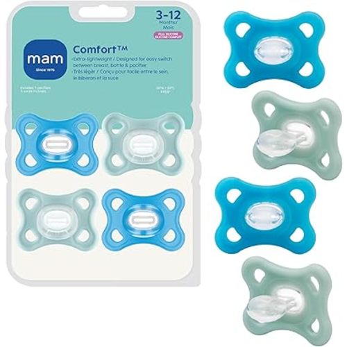 MAM Comfort Baby Pacifiers 3-12 Months Babies, Lightweight One-Piece Full Silicone Binky, BPA-Free Nipple, Easy to Clean Pacifier, Best for Breastfed Babies, 4 Count, Made in Europe