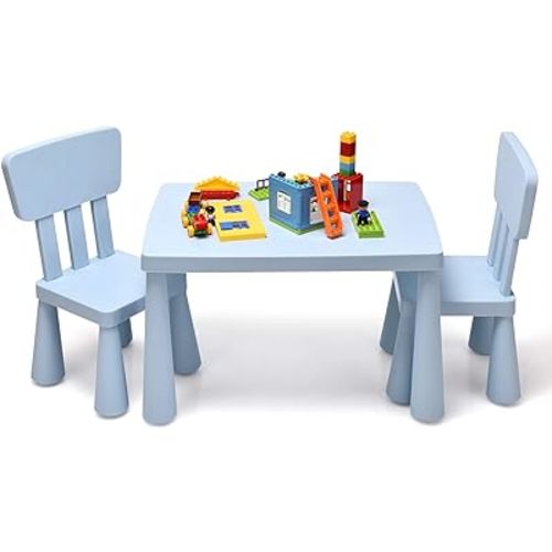 Costzon Kids Table and Chair Set, 3 Piece Plastic Children Activity Table for Reading, Drawing, Snack Time, Arts Crafts, Preschool, Kindergarten & Playroom, Easy Clean, Toddler Table & Chair (Blue)