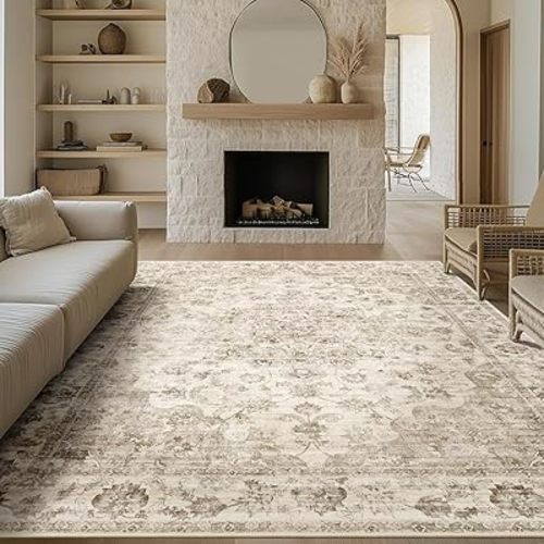 8x10 Washable Neutral Area Rug Beige Vintage Living Room Bedroom Carpet Non-Slip Soft Medium Pile Floral Indoor Large Throw Rug for Dining Room Office