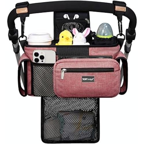 TOPDesign Universal Baby Stroller Organizer, Stroller Caddy with Detachable Mesh Bag & Heightened Insulated Cup Holders & Non-Slip Secure Hooks Accessories, Fits Most Strollers (Red)