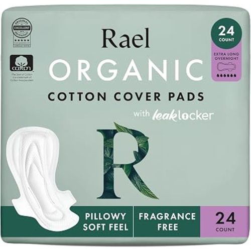 Rael Organic Cotton Cover Sanitary Pads for Women (XL Overnight, 24 Ct)