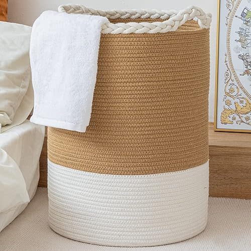58L Woven Laundry Basket,Tall Wicker Laundry Basket for Blankets,Clothes,Pillows,Toys,Shoes Large Cotton Laundry Hamper for Bedroom Living Room Bathroom Nursery White Brown