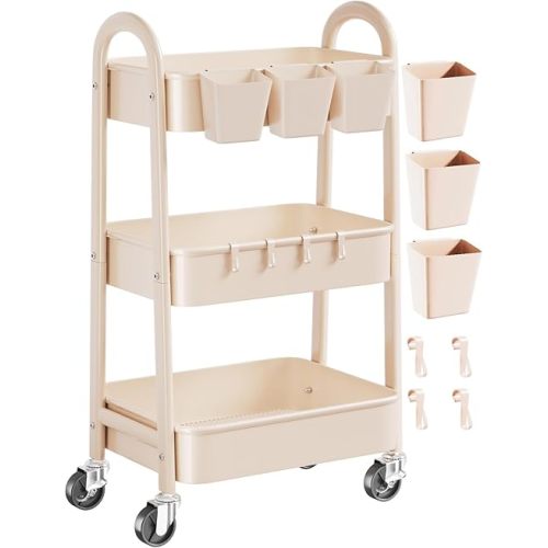 Beige 3 Tier Rolling Cart Metal on Wheels, Three Tiered Storage Organizer Utility Trolley with Wheels for Art, Craft, Baby Diaper Caddy, Snack, Book, Nail, Lash, Cleaning Supplies, Kitchen, Bathroom