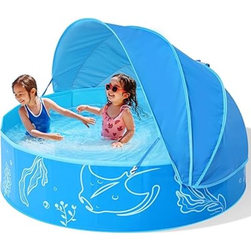 Foldable Kiddie Pool with Canopy: 47in Baby Pool and Beach Tent for Toddlers Infants 6-12 Months and Kids 2-4 Years Old - Portable Water Play with Shade for Outdoor Backyard Beach (Blue-Blue)