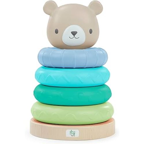 Ingenuity: ity by Ingenuity Cutie Stacks, 4 BPA-Free Rings, Faux Wood Stand, Bear Topper, Unisex, for Ages 6 Months and Up - Nate