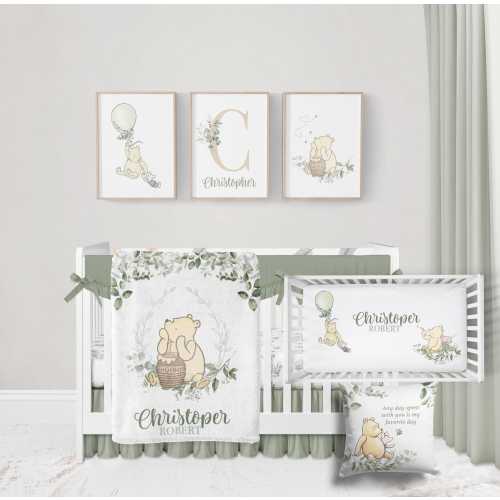 Winnie the Pooh Crib Bedding Set  -Personalized Baby Boy Winnie the Pooh Nursery Decor with Soft Greenery- Classic Pooh Piglet Blanket 615