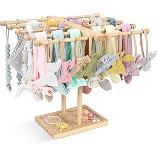 POVETIRE Headband Holder Stand Bow Organizer for Girls, 5 Row Wooden Bow Holder for Girls Hair Bows,Baby Headband Storage Infant Hair Accessories Rack Display for Nursery Decor