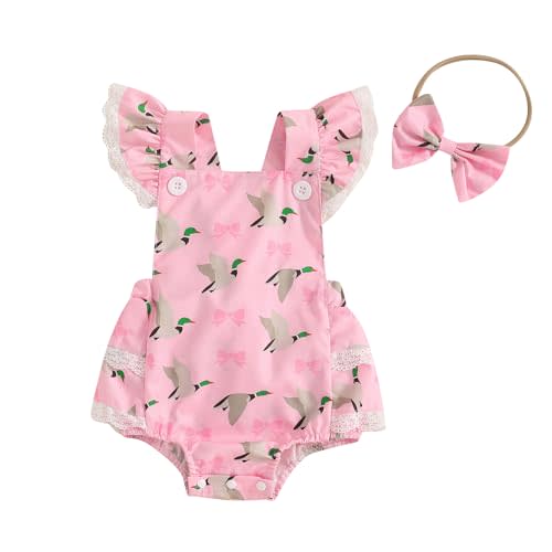 Newborn Baby Girl Hunting Outfit Mallard Duck Ruffle Sleeve Romper Jumpsuit Bodysuit with Headband Summer Clothes
