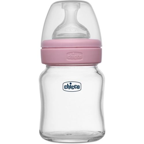 Chicco Well-Being Glass Feeding Bottle for Babies (120ml, Slow Flow) | Premium Borosilicate Glass for High Durability | Elongated Teat for Correct Latch | Comes with Anti-Spill Cap | BPA Free (Pink)