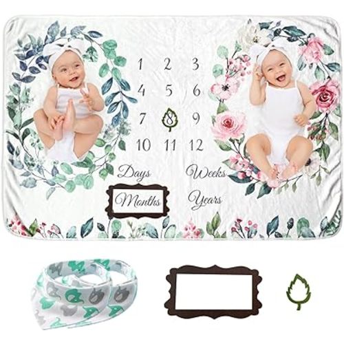 Twins Baby Milestone Blanket for Boys & Girls, Premium Flannel Photography Background Prop Blankets, Neutral Boho Floral…