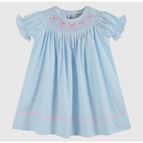 Blue and pink bow smocked bishop dress