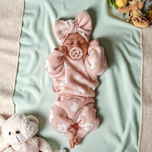 Pink Daisy Knit Baby Outfit: Cotton Sweater & Pants Set
