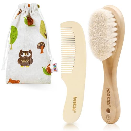 haakaa Baby Hair Brush and Comb Set for Newborns & Toddlers - Natural Soft Goat Bristles and Wooden Handle, Gently Grooms Baby's Hair, Ideal for Cradle Cap, Perfect Baby Gift, 2pk