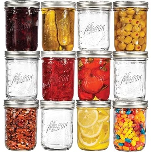 Regular Mouth Mason Jars 8 oz. (12 Pack) - Half Pint Size Jars with Airtight Lids and Bands - Made in USA - for Canning, Fermenting, Pickling, or DIY Decors and Projects Bundled with Jar Opener