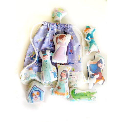 Neverland 8 piece soft toy play set w/ backpack, Captain Hook, Crocodile, Peter Pan, Tiger Lily, Nana, Tinker Bell, Wendy, Michael Darling