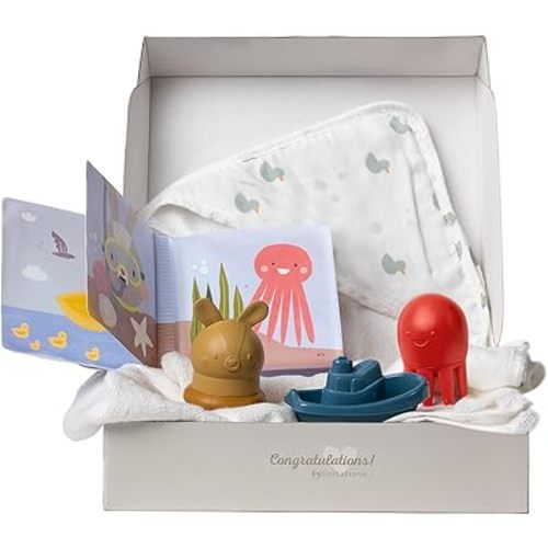 Taf Toys Bath Time Kit for Babies - Including Bath Book, Cotton Hooded Towel, Squeaking Bath Toys, Boat Toy - with 5-Piece Newborn Essentials, Baby Boy Bath Gift Set Baptism Gifts
