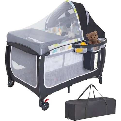 ANNA QUEEN 4 in 1 Pack and Play,Portable Baby Crib Deluxe Nursery Center, Foldable Travel Playard,Adjustable Canopy,Music Box,Changing Table for Newborn, Infant,Toddler