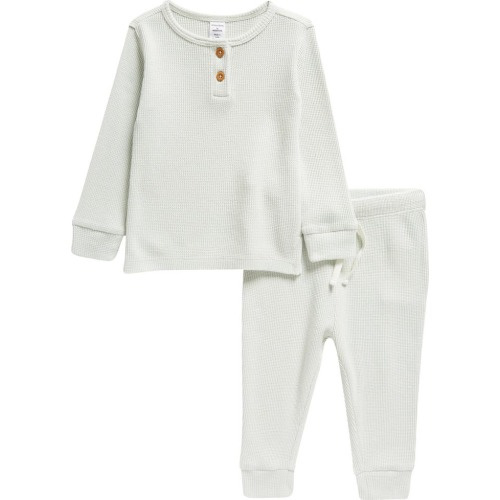 Baby Waffle Knit Cotton Henley & Joggers Set, 3M, Green Hush
