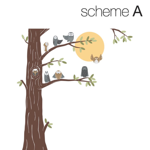 Friendly Forest Owls with Corner Tree Wall Decal – Simple Shapes