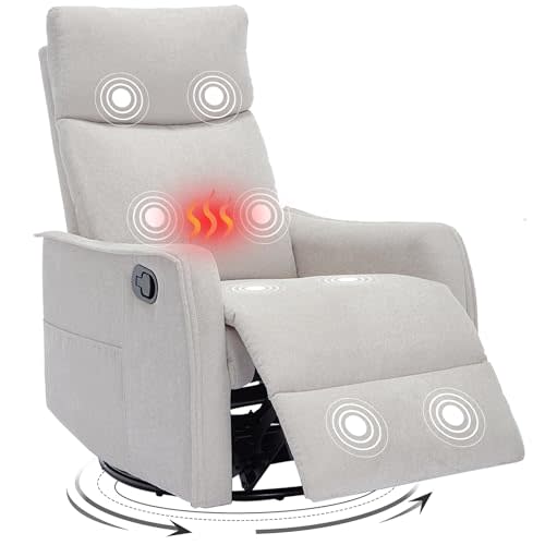 Trustyue Manual Recliner Chair, 360° Swivel Rocker Recliner with Heat and Massage for Small Space, Upholstered Fabric Glider Rocking Chair Nursery Chair with Side Pockets for Living Room, Beige