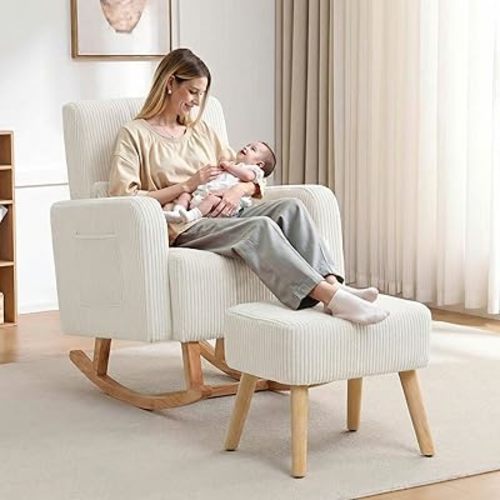 Rocking Chair with Nursery Ottoman, Corduroy Upholstered Glider Rocker with High Backrest and Side Pocket, Comfy Reading Chair with Solid Wood Legs, Living Room,Bedroom Beige