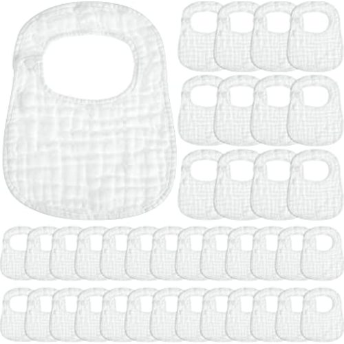 Reginary 30 Pack White Muslin Baby Bib for Boy Girl Adjustable Muslin Cotton Baby Drool Bibs with Button Soft Washable Reusable Fabric Bibs Snap Muslin Bibs for Newborn Infant Drooling Eating Feeding