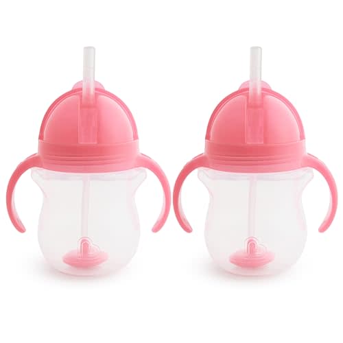 Munchkin Any Angle Sippy Cup for Toddlers, Weighted Straw Trainer Cup with Click Lock Lid, 7 Ounce, 2 Pack, Pink