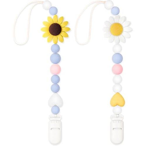 Silicone Pacifier Clip, 2 Pack Pacifier Holder for Boys and Girls, Adorable Sunflower Pacifier Clips Fits for Most Pacifier, Baby Teethers, Baby Shower and Baby Gift(White&Yellow)
