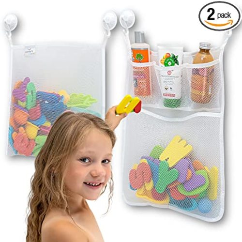 2 x Mesh Bath Toy Organizer + 8 Ultra Strong Hooks – The Perfect Bathtub Toy Holder & Bathroom or Shower Caddy – These Multi-use Net Bags Make Baby Bath Toy Storage Easy – For Kids & Toddlers