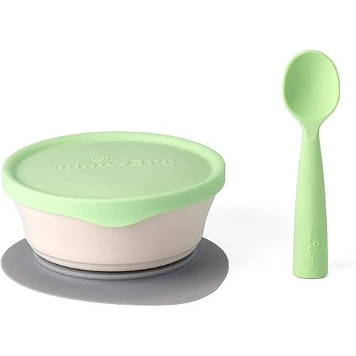 Miniware First Bites Set with Cereal Bowl, Detachable Suction Foot, and Training Spoon for Baby Toddler Kids - Promotes Self Feeding | Eco-Friendly and BPA Free | Dishwasher Safe (Vanilla & Key Lime)