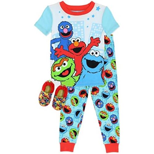 Sesame Street Elmo Toddler,2 Piece Pajama Set,with Matching Toddler Elmo Slippers, 100% Cotton, Red