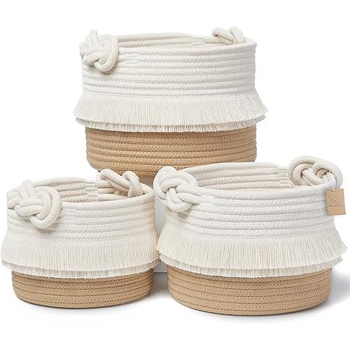 NaturalCozy 3-Piece Decorative Storage Basket Set – Cotton Rope Woven Baskets for Organizing! Small Basket for Nursery Baby Stuff, Gift Basket, Montessori, Dog Toy Bin, Cat Basket, Bathroom Shelves