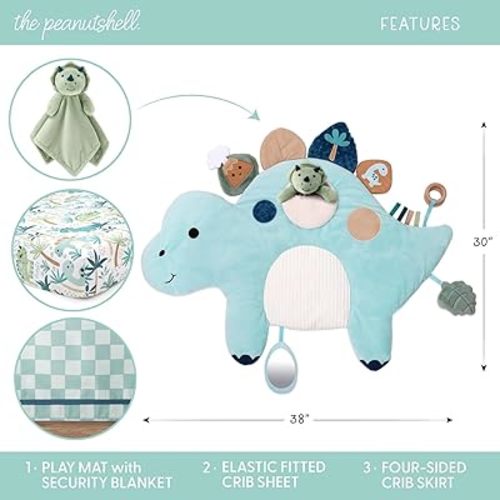 The Peanutshell 4 Piece Nursery Bundle: Crib Sheet & Dinosaur Baby Tummy Time Mat & Nursery Decor & Dino Plush Security Blanket Play Toy