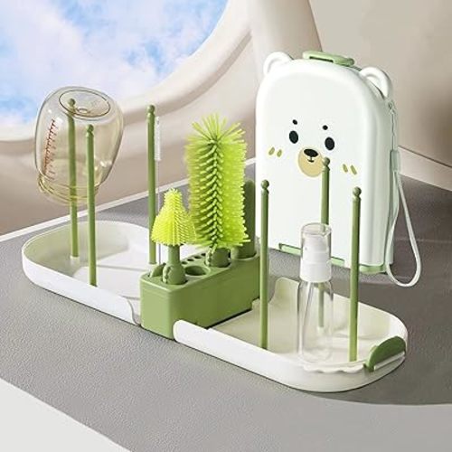 Baby Bottle Brush, 6 in 1 Travel Bottle Cleaner Kit with Silicone Bottle Brush, Nipple Brush, Straw Brush, Soap Dispenser, Bottle Drying Rack, Portable Essentials for Home and Travel-Green