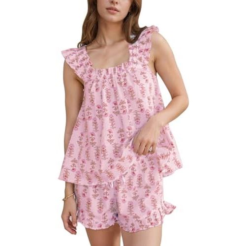 Flygo Floral Pajama Sets for Women 2 Piece Lounge Set Ruffle Cami Top and Shorts Pj Set Sleepwear